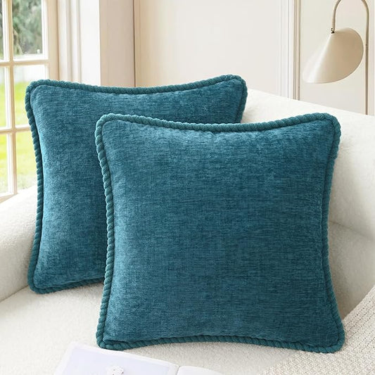 CaliTime Decorative Couch Throw Pillow Covers 16 X 16 Inches Pack of 2 Cozy Chenille Piping Edge Cushion Cases for Sofa Bed Living Room Home Ocean Blue