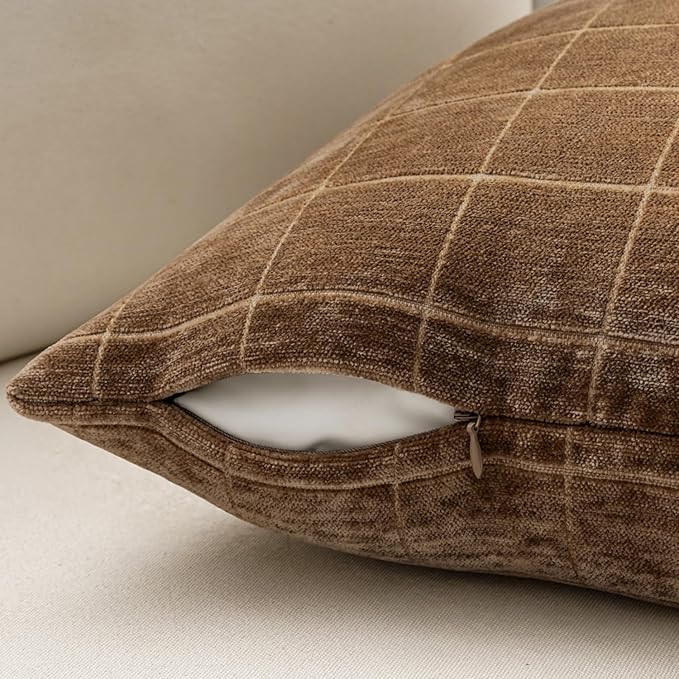 MIULEE Decorative Chenille Check Throw Pillow Covers Vintage Plaid Couch Pillows 20x20 Inch Set of 2 Neutral Boho Farmhouse Cushion Covers Modern Home Decor for Sofa Bed Living Room Toffee
