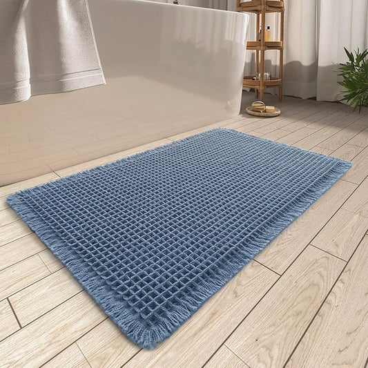 AMOAMI Upgraded Waffle Bath Mat, Super Absorbent Non Slip Bath Mats for Bathroom Floor, Machine Washable Bathroom Rugs with Tassels, Rubber Backed Bathroom Mats, Ultra Soft, 24" x 36", Blue
