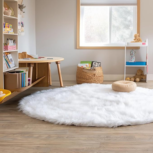 White Fluffy Faux Fur Rug, 3 ft Round – Soft and Cozy Circle Carpet for Kids Room, Nursery, Bedroom, or Living Room – Plush Shaggy Area Rug for Home Decor