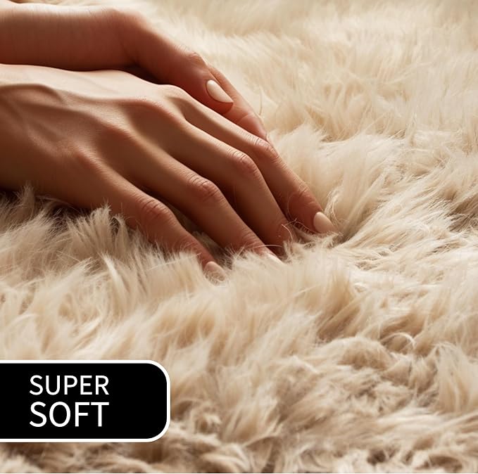 Super Area Rugs Ultra Soft & Fluffy Faux Sheepskin Rug, Light Brown 3 x 5 Feet Carpet for Bedroom Living Room