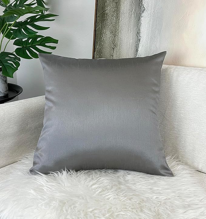 Aiking Home 18x18 Inches Faux Silk Square Throw Pillow Cover, Zipper Closure, Charcoal (Set of 2)