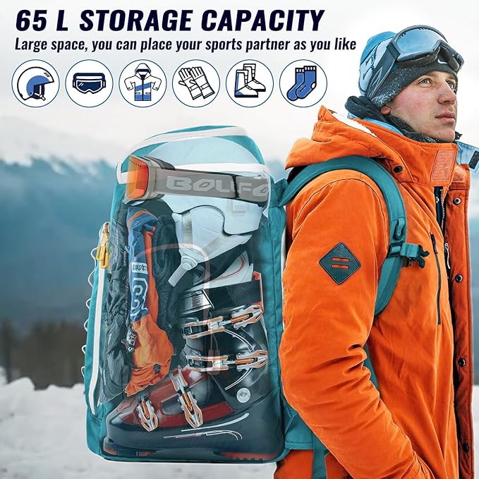 Ski Boot Bag, 65L Durable Travel Backpack, 1680D Nylon Waterproof Snowboard Boot Bag, Skiing and Snowboarding Travel Luggage for Helmet, Goggles, Gloves, Outerwear & Accessories