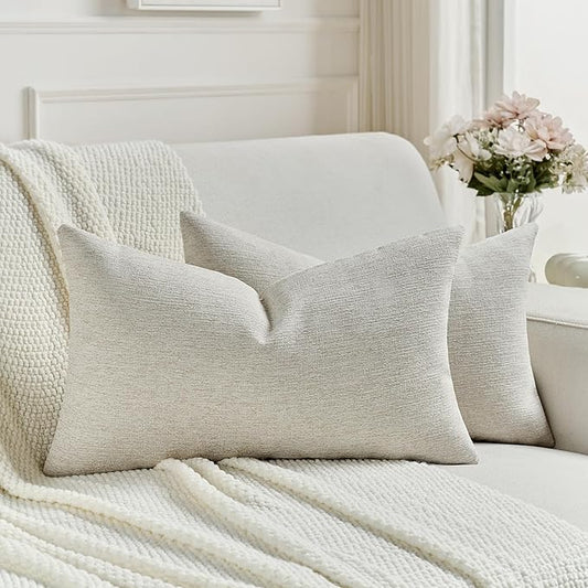 FUTEI Natural White Wood Chenille Decorative Throw Pillow Covers 12x20 Inch Set of 2,Soft Cozy Faux Linen Textured Lumbar Pillow Cases,Farmhouse Home Decor for Couch Living Room
