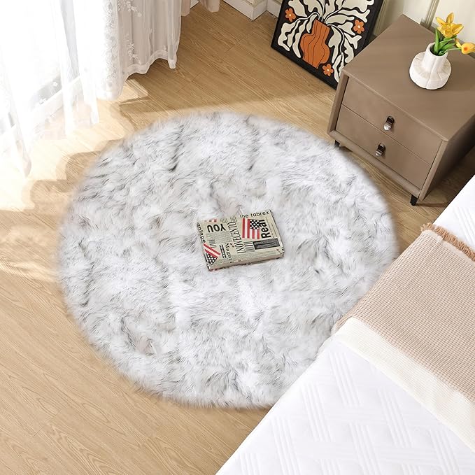 Grey and White Plush Machine Washable Area Rugs for Bedroom Small Circle Furry Faux Sheepskin Fur Rug for Living Room Nursery Round Rug 3ft