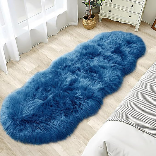 Faux Fur Rug for Bedroom, Fluffy Runner Rugs Soft Sheepskin Rug Sofa Couch Seat Cushion, 2x6ft Dark Blue Plush Area Rug Shag Rugs Floor Carpets for Nursery Bedside, Cute Shaggy Fuzzy Home Decor