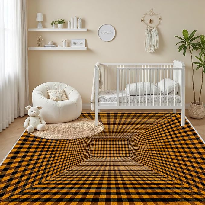 3D Rugs Optical Illusion - Plaid Rug 3x4, Geometric Stripes Soft Neutral Indoor Floor Mats Carpet, Non-Slip Stain Resistant Modern Orange Rug for Bedroom, Living Room Rugs