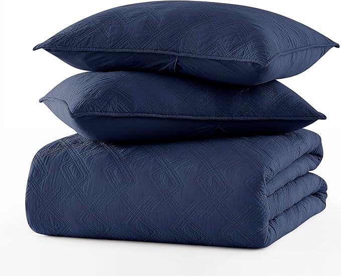 WDCOZY 100% Cotton Twin Size Quilt Set - Navy Blue Pre-Washed Soft Lightweight Modern Bedspread, Farmhouse Country Rustic Coverlet, Textured Like Linen, Shabby Chic Gauze Bedding, 2 Pieces