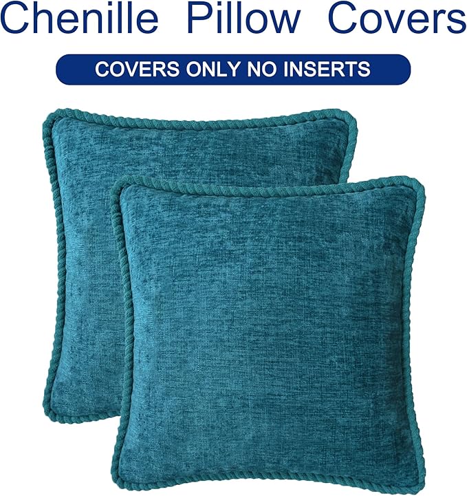 CaliTime Decorative Couch Throw Pillow Covers 18 X 18 Inches Pack of 2 Cozy Chenille Piping Edge Cushion Cases for Sofa Bed Living Room Home Ocean Blue