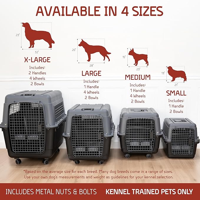 SportPet Airline Approved Wire Door Travel Dog Crate, Durable Plastic Pet Travel Kennel, Secure Latch, Collapsible, Food Bowls & Accessories, Fits Dogs up to 21" L & 13" H - Small - Gray/Black