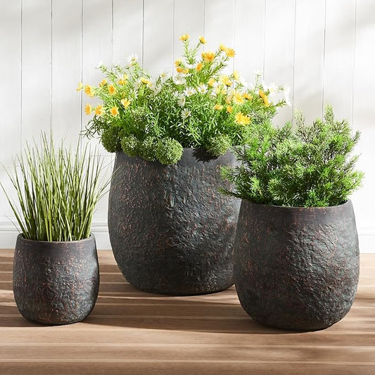 Wallowa 17.3"+12.9"+9.0" Dia Weathered Concrete Flower Pots, Modern Round Style Concrete Planter for Home, Garden, Patio, Courtyard, Bronze Rust Color, Set of 3