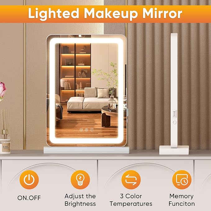 DUMOS 17“x13.2” LED Makeup Mirror with Lights for Vanity, Dimmable 3 Color Modes Makeup Mirror with Memory Function, USB Charging, Aluminum Frame, Lighted Mirror for Desk or Bedroom