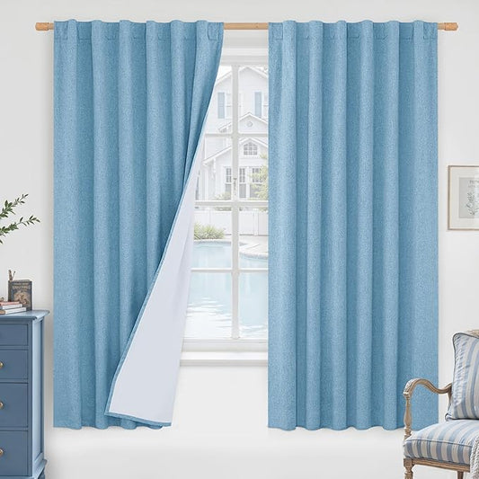 LAMIT 100% Blackout Blue Linen Curtains, 63 Inches Linen Textured Thermal Bedroom Curtains Back Tab and Rod Pocket Neutral Panels with White Liner for Boys' Room, 2 Panels, 52 x 63 Inch
