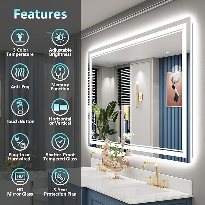 60x40 LED Bathroom Mirror with Lights, Backlit and Front Lit, Anti-Fog Lighted Vanity Mirrors for Bathroom Wall, Dimmable, 3-Color Light, Memory, Shatter-Proof, HD Tempered Glass, CRI＞90
