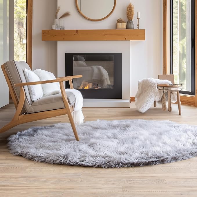 5 ft Round Fluffy Gray Rug – Plush Faux Fur Rug for Bedroom, Living Room, or Nursery – Cozy Faux Sheepskin Home Decor