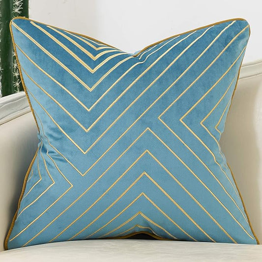 Avigers 18 x 18 Inch Grey Blue Gold Striped Geometric Lines Embroidery Velvet Cushion Case Luxury Modern Throw Pillow Cover Decorative Pillow for Couch Living Room Bedroom Car 45 x 45cm