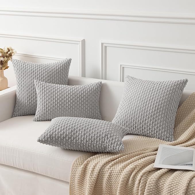 Kevin Textile Euro Sham Pillow Covers 28x28 Inch 2 Packs Soft Boho Striped Corduroy Decorative Throw Pillows for Living Room Couch Bed Sofa Rustic Farmhouse Home Decor 71x71cm Light Grey