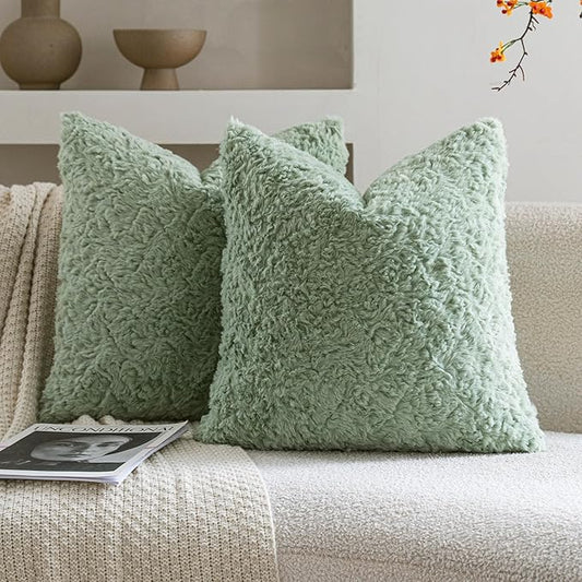Neelvin Set of 2 Faux Fur Throw Pillow Covers 16x16 Inch Sage Green Cozy Soft Solid Decorative Pillowcases Thick Plush Sheepskin Cushion Case for Chair and Couch Sofa Bedroom