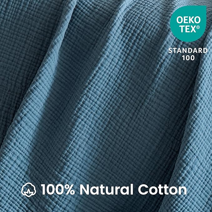 FALUCA Cotton Muslin Reversible Blanket 50x60 Inches for Bed, Couch, Four Layers Blanket, Soft Lightweight Cozy Breathable Farmhouse Decoration for All-Season, Light Blue