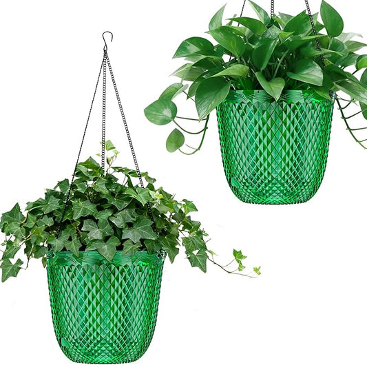 QCQHDU Self Watering Hanging Pots, 2 Pack 5.7 Inch Hanging Planters for Plants Indoor, Outdoor Flower Pots with Drainage Holes and 3 Hooks Chains for Garden Home (Emerald)