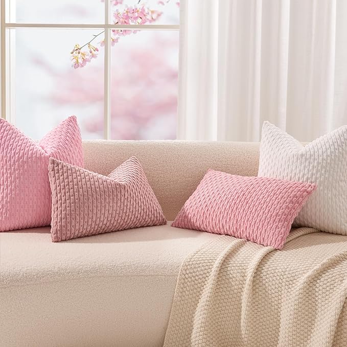 Kevin Textile Valentines Day Decorative Pillow Covers Set of 2 Striped Plush Corduroy Pillows Pillowcases Boho Home Decor Cushion Covers for Couch Sofa Bed Living Room 26x26 Inch, Dark Pink