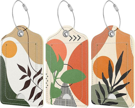 Rimilak 3 Pcs PU Leather Luggage Tags for Suitcase, Travel Cruise Luggage Tag with Privacy Flap, Name ID Label and Metal Loop for Women Men Baggage Handbag School Bag Backpack, Tropical Plant