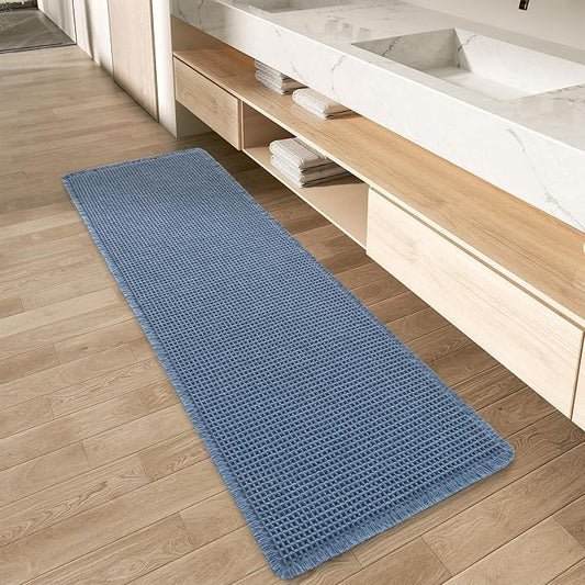 AMOAMI Upgraded Waffle Runner Rug Super Absorbent Non Slip Bath Mats for Bathroom Machine Washable Bathroom Runner Rug with Tassels, Ideal for Hallway Bedroom Laundry Room, 2'x 6'(24" x 72"), Blue