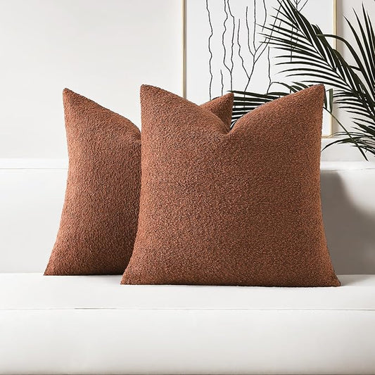HAUSSY Set of 2 24x24 Decorative Throw Pillow Covers, Soft Cozy European Pillow Shams Textured Boucle, Home Decor for Couch Bed Living Room, Rust