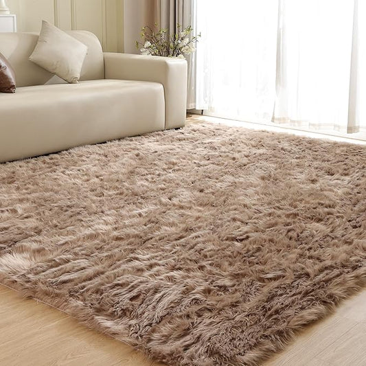 Fluffy Beige 8X10 Area Rug Faux Sheepskin Shaggy Fur Rug Washable for Living Room Bedroom Nursery Teen Room Home Décor