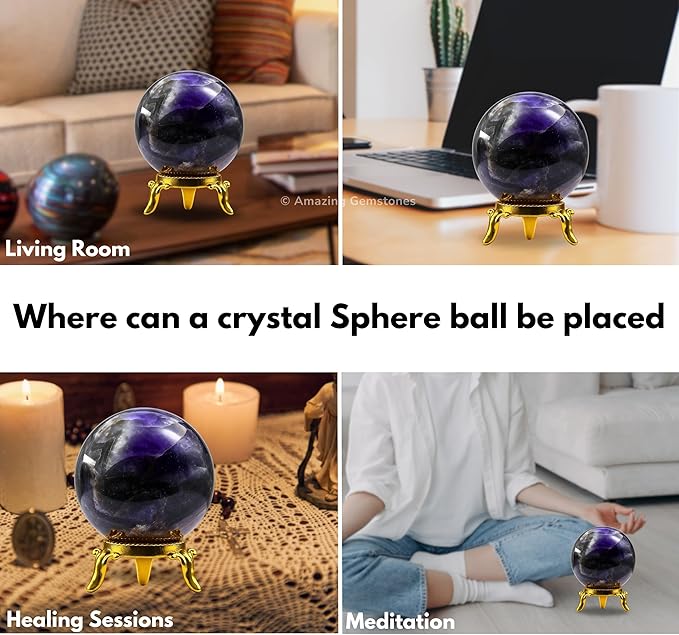 Amazing Gemstone Amethyst Chevron Crystal Ball with Stand - 1.5" Inches Crystal Sphere Meditation Balls for Witchcraft and Decorative Balls
