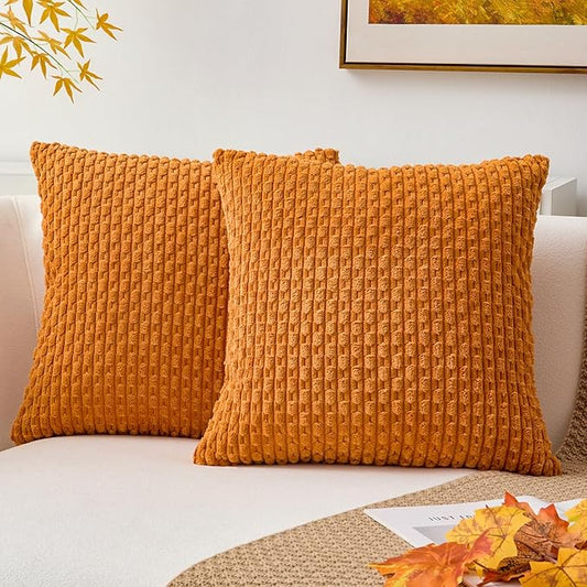Kevin Textile Fall Throw Pillow Covers Soft Corduroy Decorative Set of 2 Boho Striped Pillow Covers Pillowcases Farmhouse Home Decor for Couch Bed Sofa Living Room 24x24 Inch Orange Yellow