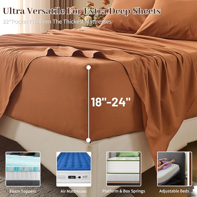 MEISHANG 100% French Pure Linen Sheets King Size - 6 PC Extra Deep Pocket Sheet Set, Soft Durable Flax Linen, Anti-Tear Breathable & Oeko-Tex Certified 18-24 Deep Pocket,All Season(Orange)