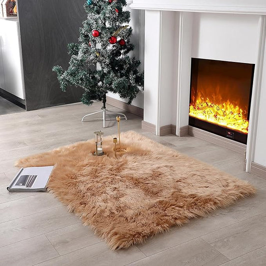 Faux Fur Rug Sheepskin Shag Fluffy Fuzzy Beige 3x4 ft Rugs for Bedroom Bedside Bed Floor Living Room Plush Rectangle High-Density Cushion Carpet Super Sofa Cover