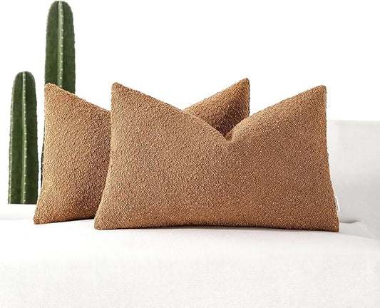 Boucle Decorative Lumbar Pillow Covers for Couch Set of 2, 12x20 inches, Tobacco
