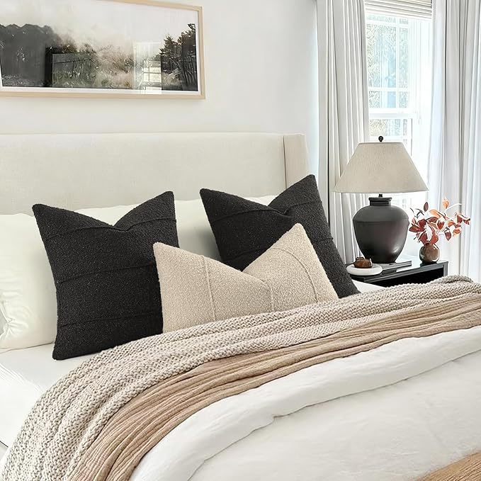 YCOLL Textured Boucle Throw Pillow Covers 24x24 Pack of 2 - Soft Neutral Striped Cushion Covers, Cozy Accent Decorative Pillow Covers for Couch, Sofa, Bed, Living Room (Black)