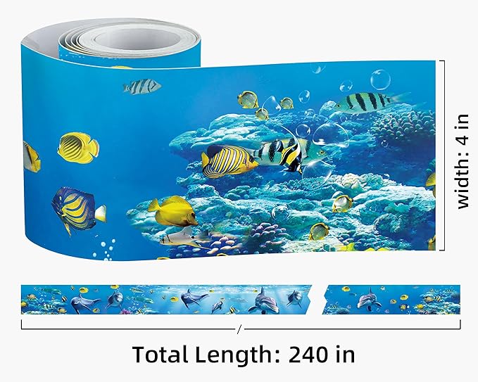 FLFK Peel and Stick Wallpaper Border Wall Decals for Kids Room - Under The Sea Fish Stickers Murals, 4" x 240" (Blue)