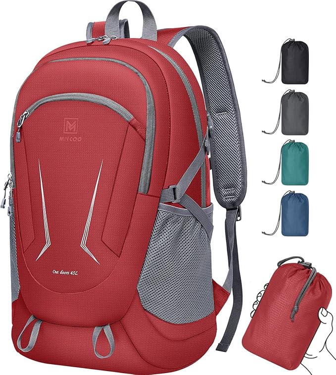 MIYCOO Backpack - Ultra Lightweight Packable Backpack for Travel Camping, 45L Hiking Back Pack Waterproof Foldable Daypack for Men Women Red