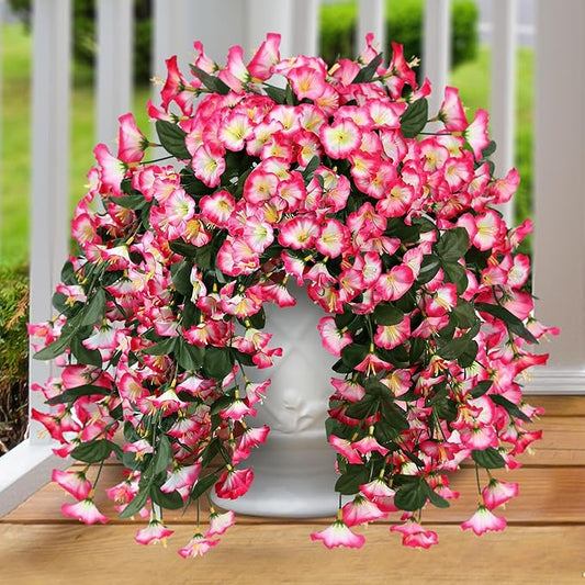 Sggvecsy Artificial Fake Hanging Flowers Plants for Outdoor Outside Spring Summer Decoration 4PCS Faux Silk UV Resistant Realistic Morning Glory Trailing Vines for Home Porch Patio Balcony(Pink)