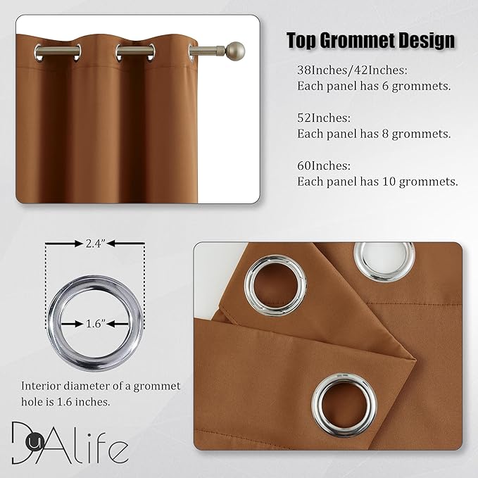 DUALIFE Caramel Brown Blackout Curtains for Bedroom - 96 Inch Long Curtains Floor to Ceiling Thermal Insulated Privacy Assured Drapes 2 Panels Set, Dark Oak Vintage Decor 52 Inch Wide Grommet Top