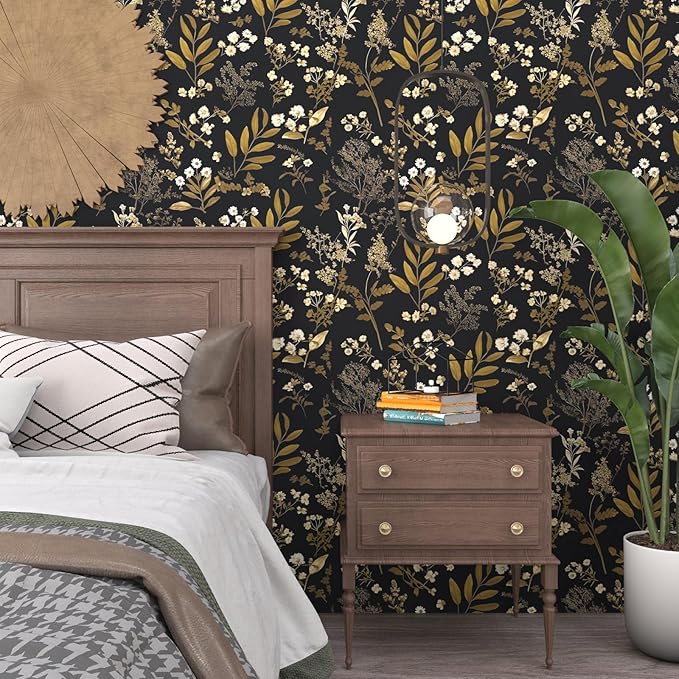 Black Gold Wallpaper Peel and Stick Dark Floral Wallpaper 17.5in x 118in Vintage Leaf Contact Paper Vinyl Waterproof Self Adhesive Boho Botanical Wall Paper for Bedroom Cabinet Décor