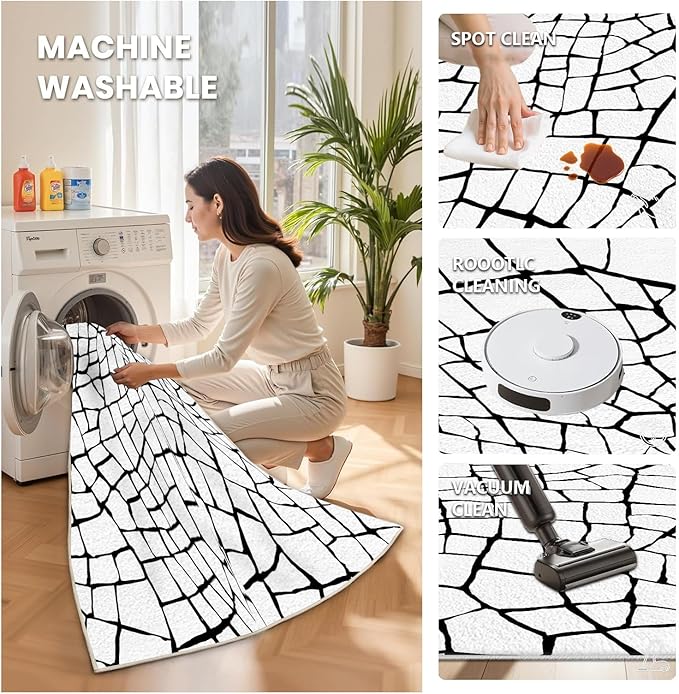 Black and White Area Rug, Abstract Rug, Contemporary Minimalist Rugs, Geometric Cracks Area Rugs, Modern Geometric Carpet for Living Room, Washable Non Slip Home Decor Mat 6x9
