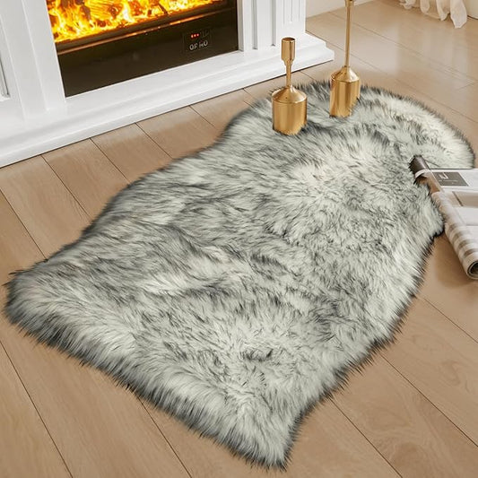 Ciicool Faux Sheepskin Rugs Soft Faux Fur Rug White Gradient Sliver Black Fluffy Chair Couch Cover Fuzzy Carpet for Bedroom Floor Sofa Living Room 2x3 Feet