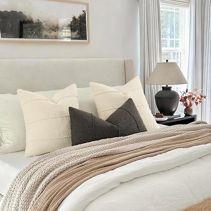 YCOLL Textured Boucle Throw Pillow Covers 24x24 Pack of 2 - Soft Neutral Striped Cushion Covers, Cozy Accent Decorative Pillow Covers for Couch, Sofa, Bed, Living Room (Cream)