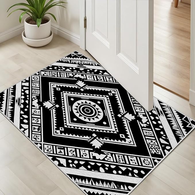 Area Rugs for Living Room 8x10, Moroccan Washable Low Pile Rug, Boho Neutral Farmhouse Ultra Soft Carpet for Bedroom Dining Room Home Decor, Geometric Print Tribal Carpets Black and White