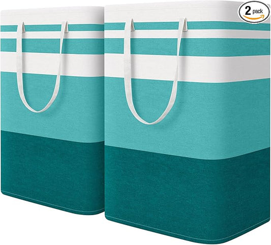 HomeHacks 2-Pack Large Laundry Basket, Waterproof, Freestanding Laundry Hamper, Collapsible Tall Clothes Hamper with Extended Handles for Clothes Toys in the Dorm and Family (Green, 75L)