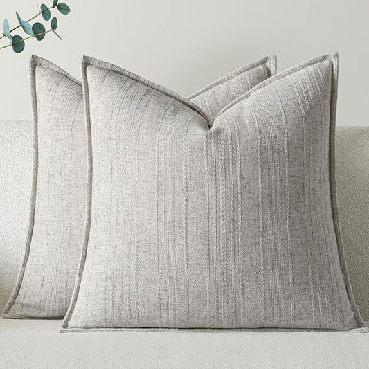 a moment Linen Pillow Covers Set of 2,Boho Farmhouse Throw Pillowcases Neutral Textured Decorative Covers for Couch Sofa,Linen Blend Accent Case Cushion Living Room Home Decor 24"x24"Beige Grey