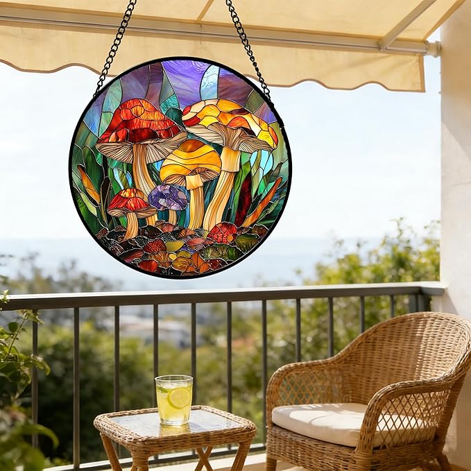 DASTOLL Stained Glass Window Hanging, Jungle Mushrooms Sun Catchers Diamond Glass Panel Hangings Plant Suncatcher Decor for Birthday for Women,Men, Wife, Aunt,and Mom 6.3X6.3 in