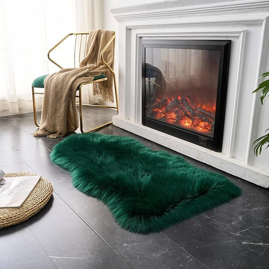 EasyJoy Ultra Soft Fluffy Shaggy Area Rug Faux Fur Rug Chair Cover Seat Pad Fuzzy Area Rug for Bedroom Floor Sofa Living Room (2 x 4 ft Sheepskin, Dark Green)