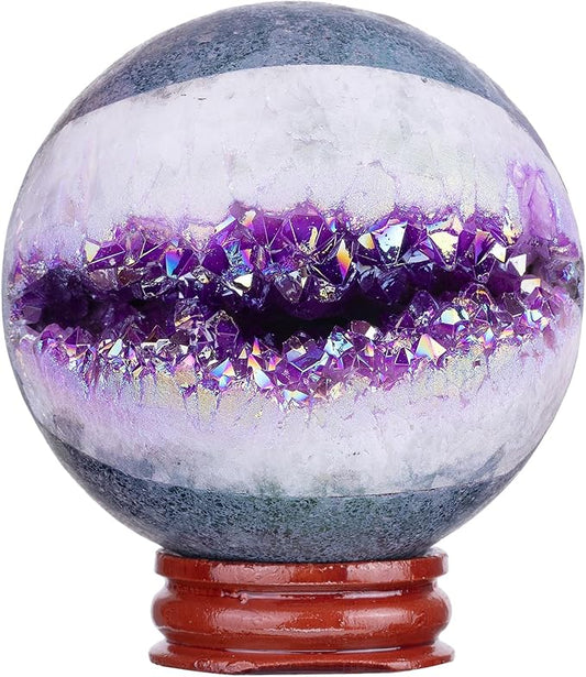 Sportmusies Titanium Coated Rock Crystal Geode Ball with Wooden Stand, Druzy Quartz Stone Cluster Sphere Reiki Home Office Decoration, Purple