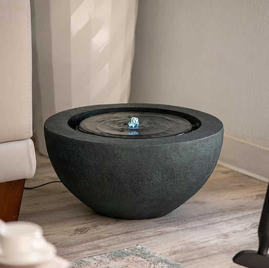 Xbrand 19.8" W Round Polyresin Indoor/Outdoor Sphere Fountain w/LED Light, Dark Green